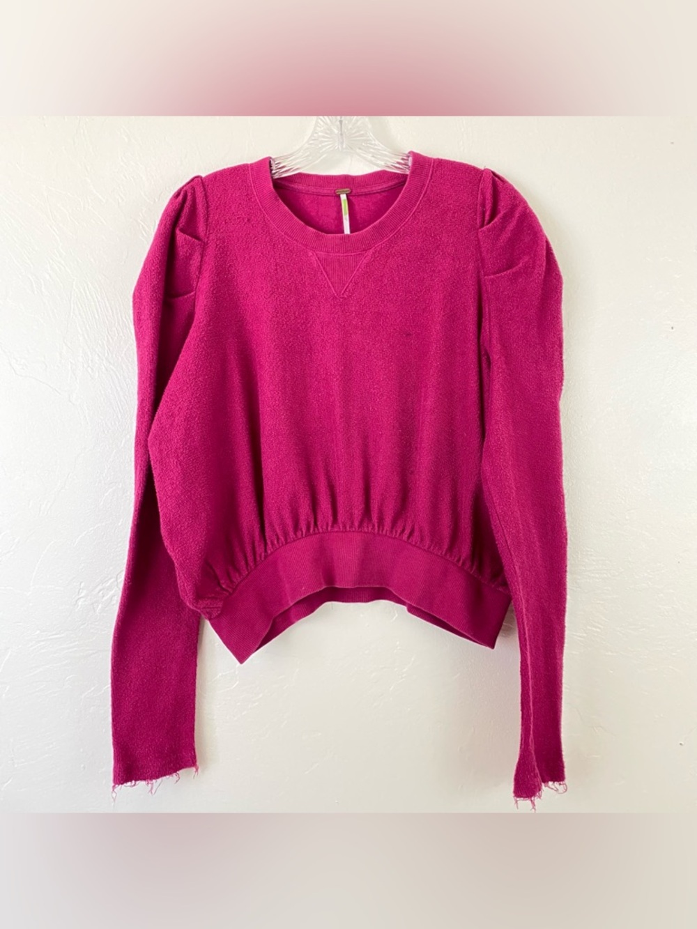 Free People Size Medium Fuchsia Pink Terry Cloth Scoop Neck Full Sleeve Sweater
